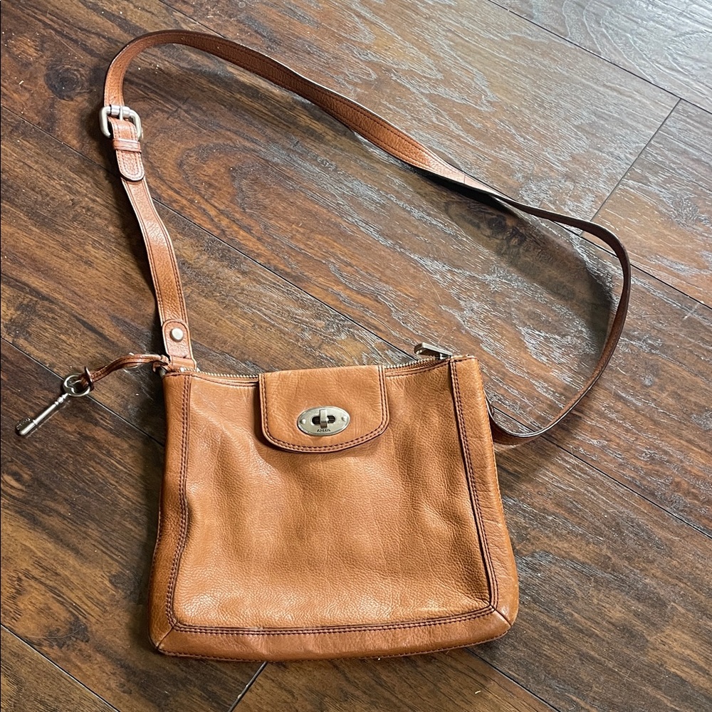 Tan Genuine Leather Fossil Crossbody Bag with Turn-Lock Closure